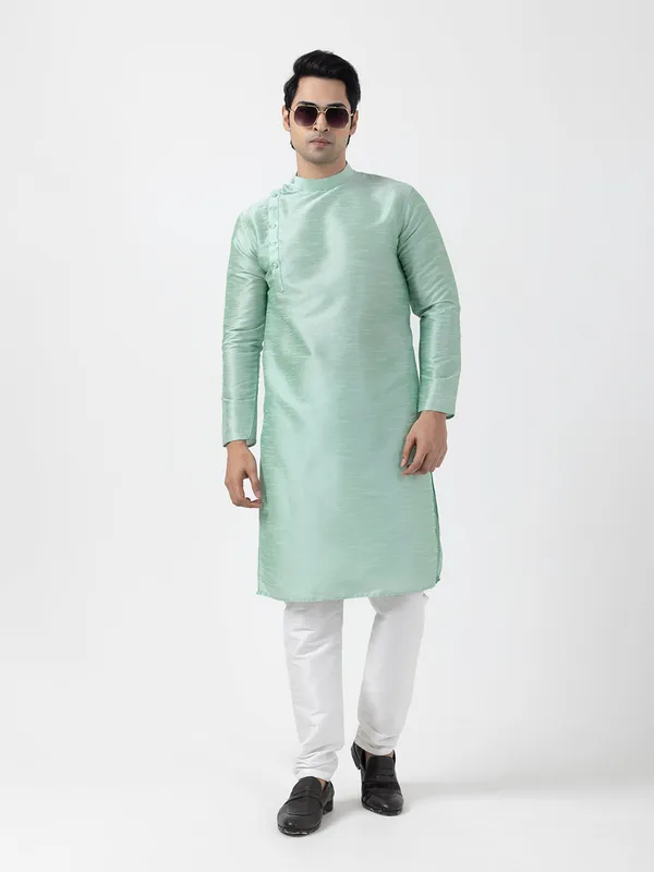 Green_Dupion_Silk_Angrakha_Kurta_With_Pyjama_Set_For_Men