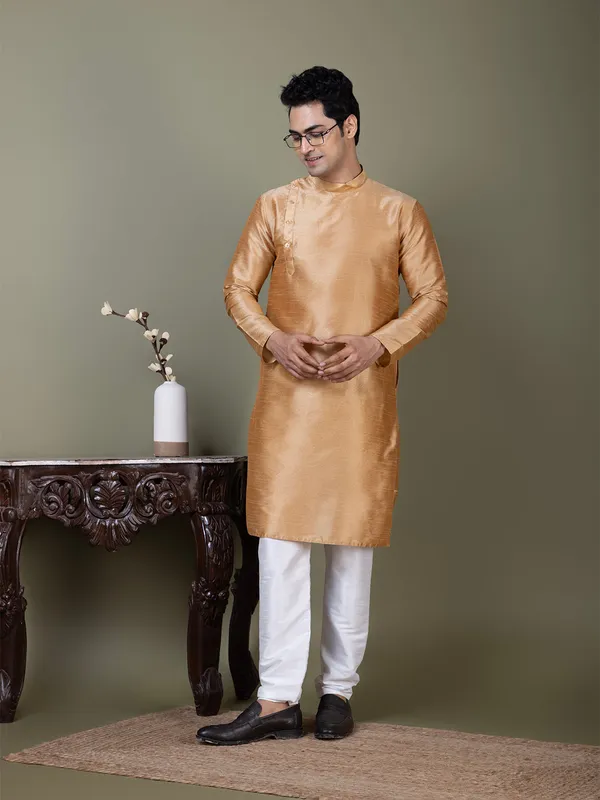 Brown_Band_Collar_Straight_Kurta_With_Pyjama_Set_For_Men