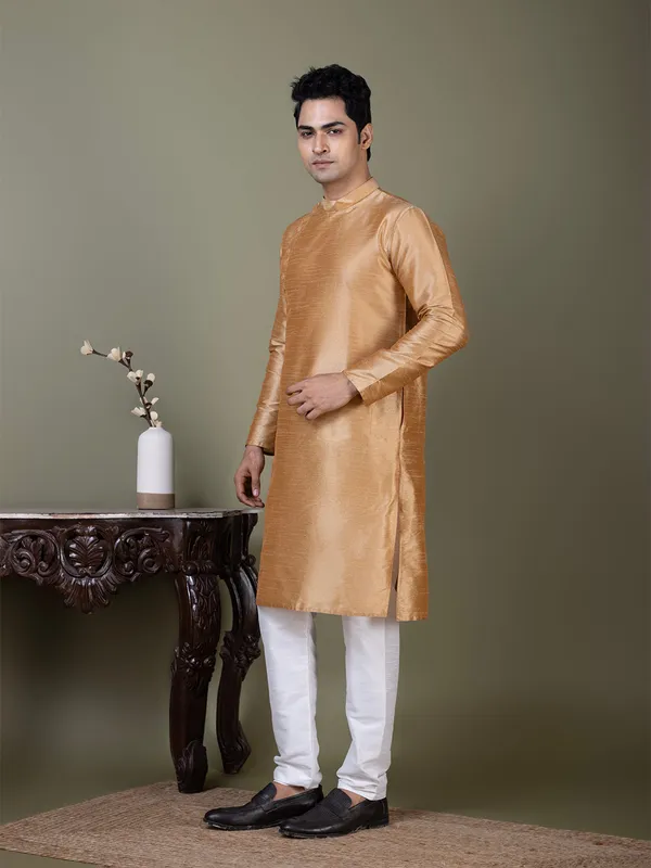 Brown_Band_Collar_Straight_Kurta_With_Pyjama_Set_For_Men