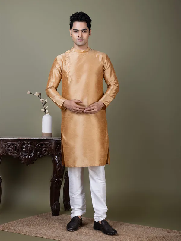 Brown_Band_Collar_Straight_Kurta_With_Pyjama_Set_For_Men