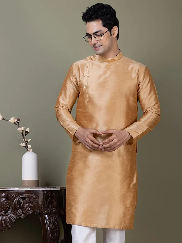 Brown_Band_Collar_Straight_Kurta_With_Pyjama_Set_For_Men