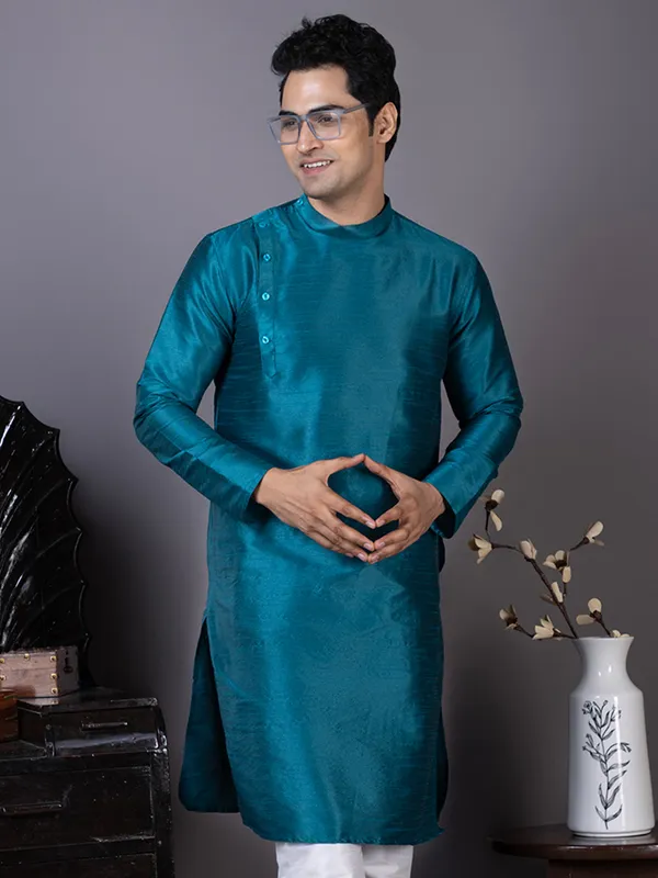 Blue_Mandarin_Collar_Kurta_With_Pyjama_Set_For_Men