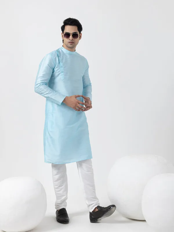 Blue_Solid_Dupion_Silk_Angrakha_Kurta_With_Pyjama_Set_For_Men