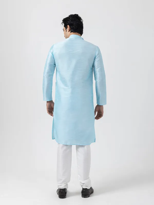 Blue_Solid_Dupion_Silk_Angrakha_Kurta_With_Pyjama_Set_For_Men