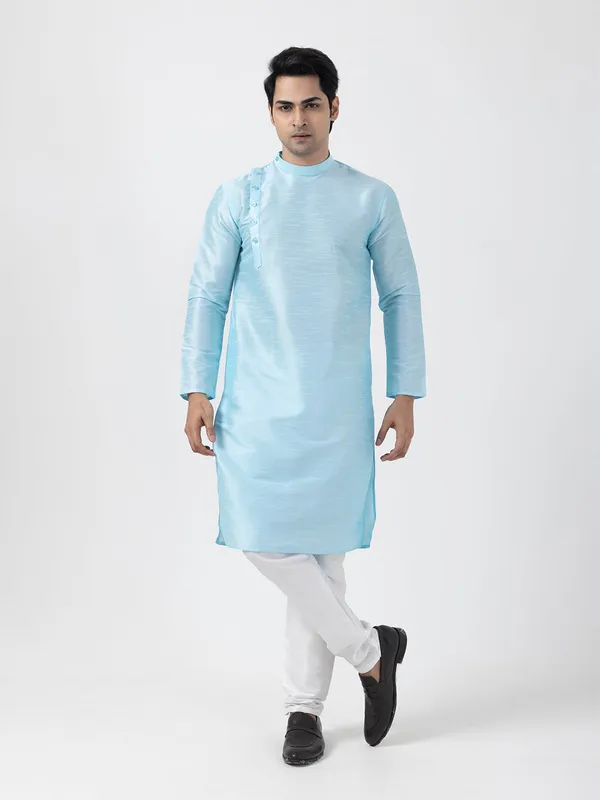 Blue_Solid_Dupion_Silk_Angrakha_Kurta_With_Pyjama_Set_For_Men