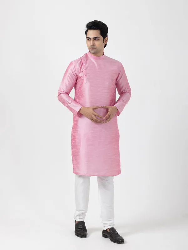 Pink_Dupion_Silk_Angrakha_Kurta_With_Pyjama_Set_For_Men
