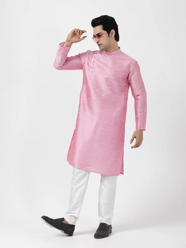 Pink_Dupion_Silk_Angrakha_Kurta_With_Pyjama_Set_For_Men