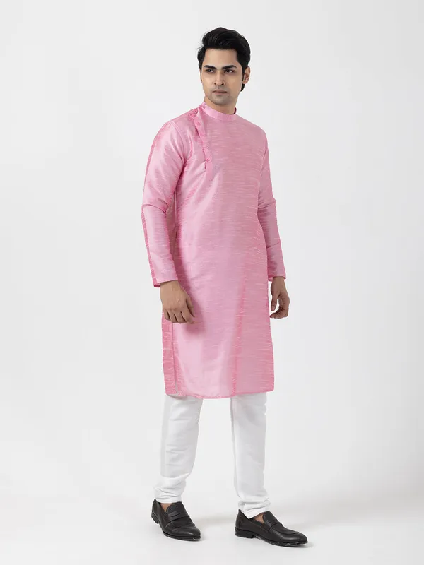 Pink_Dupion_Silk_Angrakha_Kurta_With_Pyjama_Set_For_Men