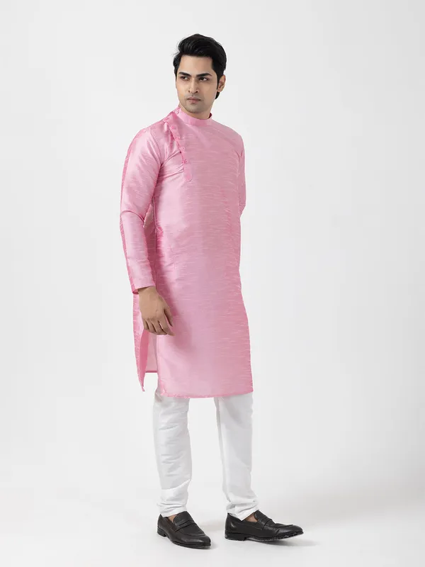 Pink_Dupion_Silk_Angrakha_Kurta_With_Pyjama_Set_For_Men