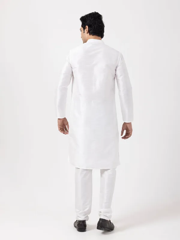 White_Woven_Design_Band_Collar_Dupion_Silk_Straight_Kurta_With_Pyjama_Set_For_Men