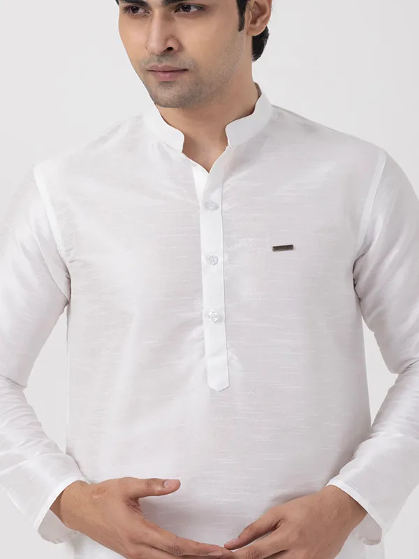 White_Woven_Design_Band_Collar_Dupion_Silk_Straight_Kurta_With_Pyjama_Set_For_Men