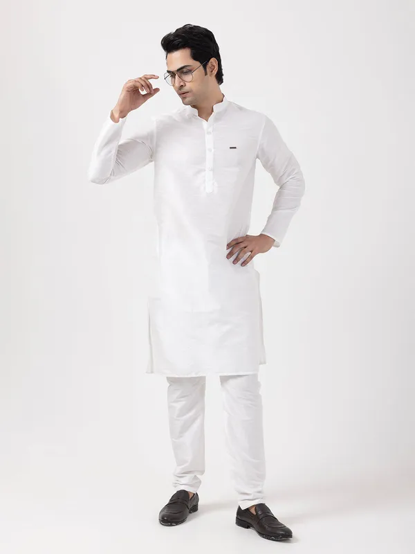 White_Woven_Design_Band_Collar_Dupion_Silk_Straight_Kurta_With_Pyjama_Set_For_Men