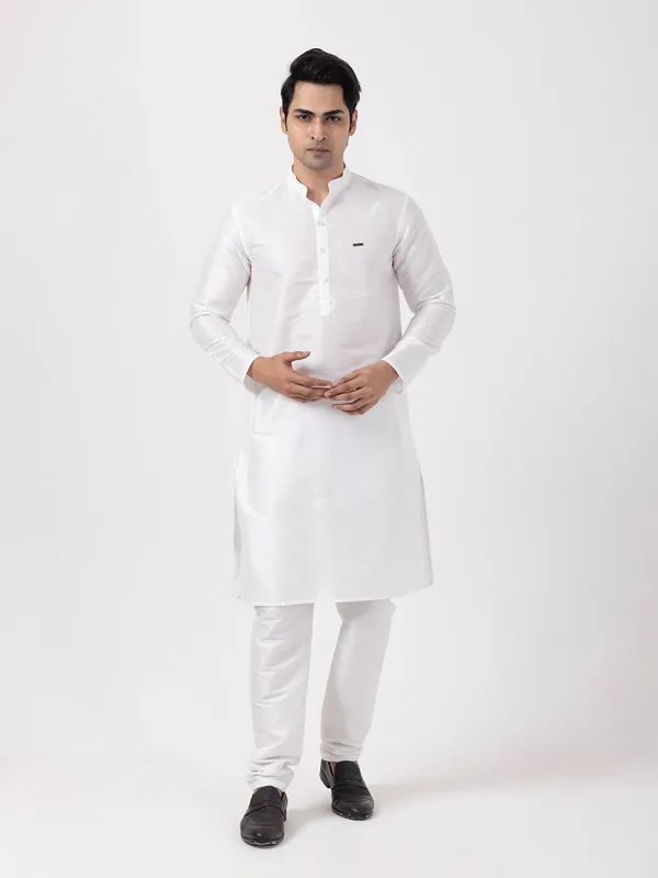 White_Woven_Design_Band_Collar_Dupion_Silk_Straight_Kurta_With_Pyjama_Set_For_Men
