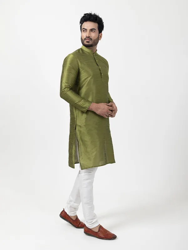 Green_Woven_Design_Band_Collar_Dupion_Silk_Straight_Kurta_With_Pyjama_Set_For_Men