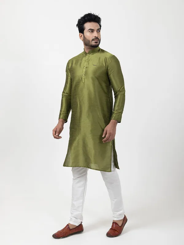 Green_Woven_Design_Band_Collar_Dupion_Silk_Straight_Kurta_With_Pyjama_Set_For_Men