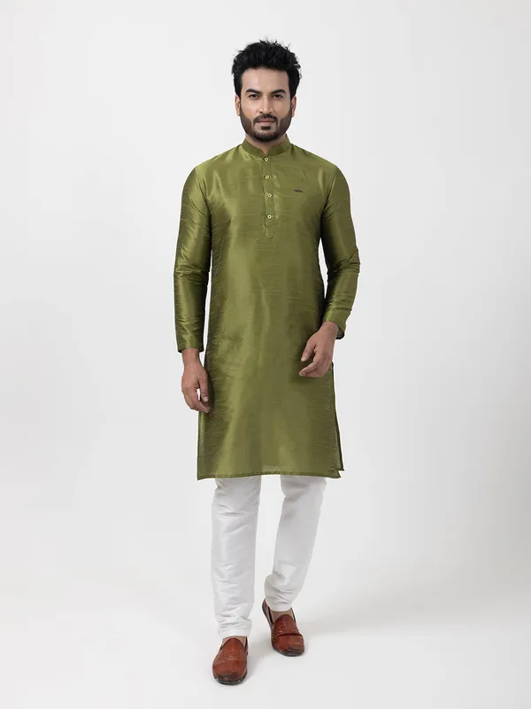 Green_Woven_Design_Band_Collar_Dupion_Silk_Straight_Kurta_With_Pyjama_Set_For_Men