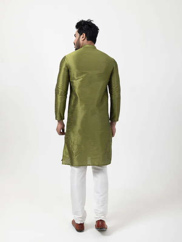 Green_Woven_Design_Band_Collar_Dupion_Silk_Straight_Kurta_With_Pyjama_Set_For_Men