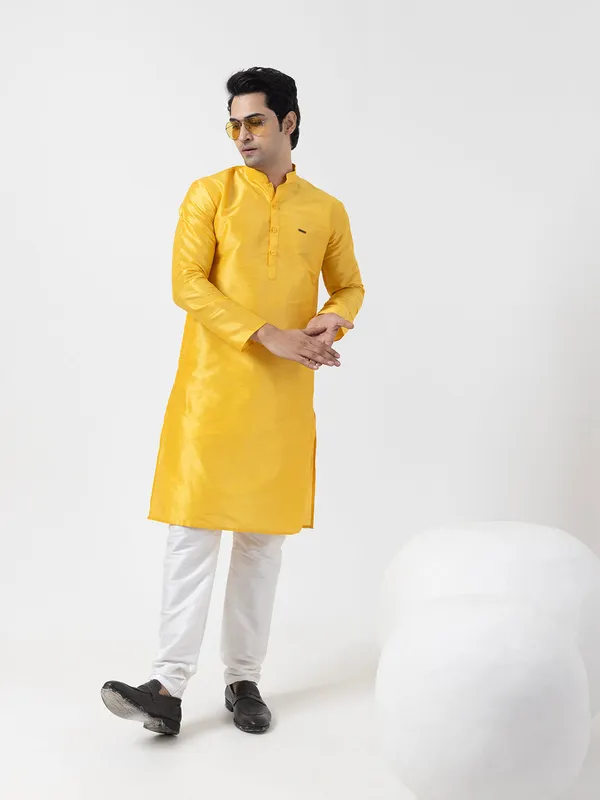 Yellow_Woven_Design_Band_Collar_Dupion_Silk_Straight_Kurta_With_Pyjama_Set_For_Men