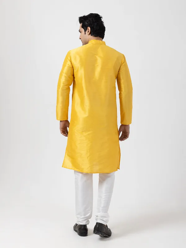 Yellow_Woven_Design_Band_Collar_Dupion_Silk_Straight_Kurta_With_Pyjama_Set_For_Men