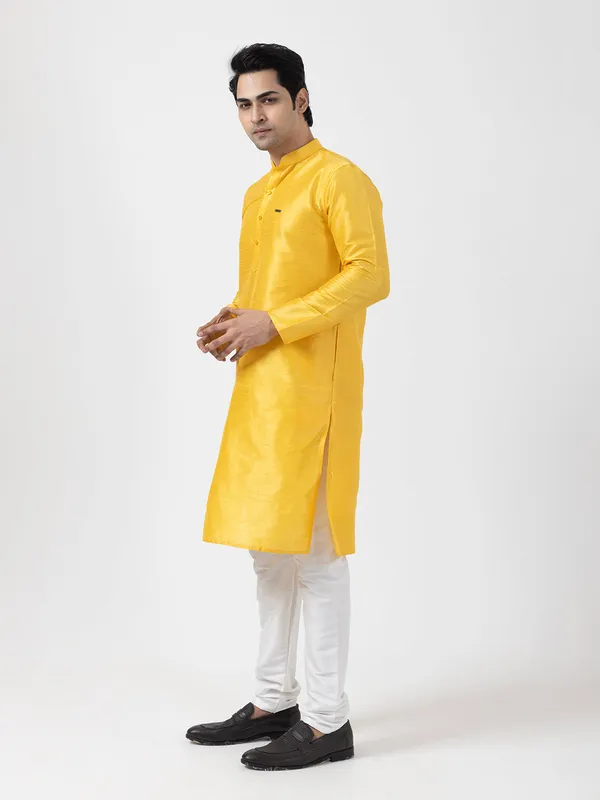 Yellow_Woven_Design_Band_Collar_Dupion_Silk_Straight_Kurta_With_Pyjama_Set_For_Men