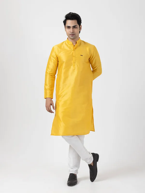 Yellow_Woven_Design_Band_Collar_Dupion_Silk_Straight_Kurta_With_Pyjama_Set_For_Men
