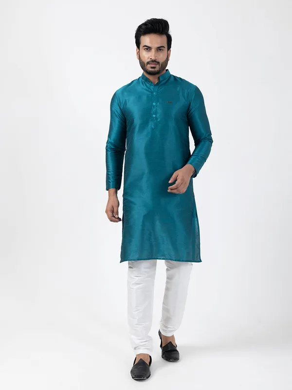 Blue_Woven_Design_Band_Collar_Dupion_Silk_Straight_Kurta_With_Pyjama_Set_For_Men