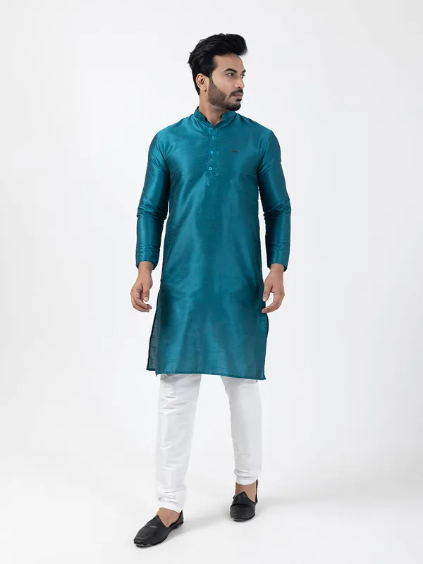 Blue_Woven_Design_Band_Collar_Dupion_Silk_Straight_Kurta_With_Pyjama_Set_For_Men