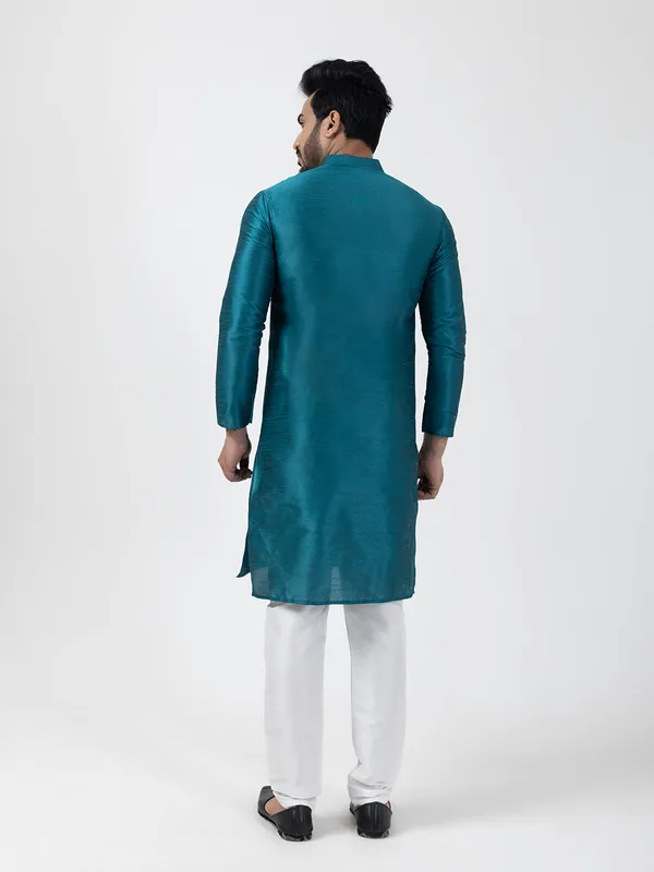 Blue_Woven_Design_Band_Collar_Dupion_Silk_Straight_Kurta_With_Pyjama_Set_For_Men