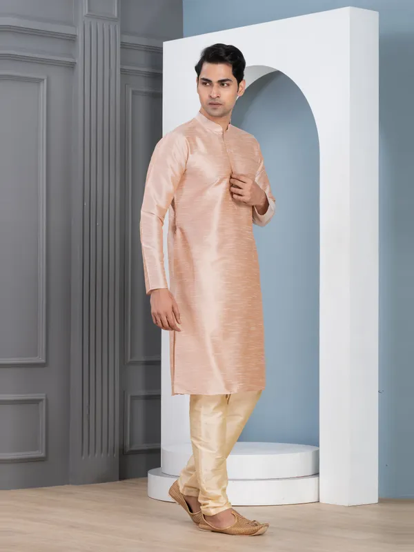 Beige_Woven_Design_Mandarin_Collar_Long_Sleeves_Dupion_Silk_Straight_Kurta_With_Pyjama_Set_For_Men