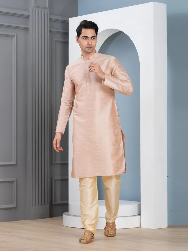 Beige_Woven_Design_Mandarin_Collar_Long_Sleeves_Dupion_Silk_Straight_Kurta_With_Pyjama_Set_For_Men