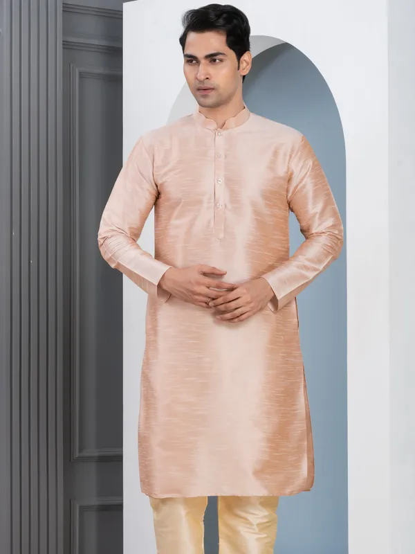 Beige_Woven_Design_Mandarin_Collar_Long_Sleeves_Dupion_Silk_Straight_Kurta_With_Pyjama_Set_For_Men