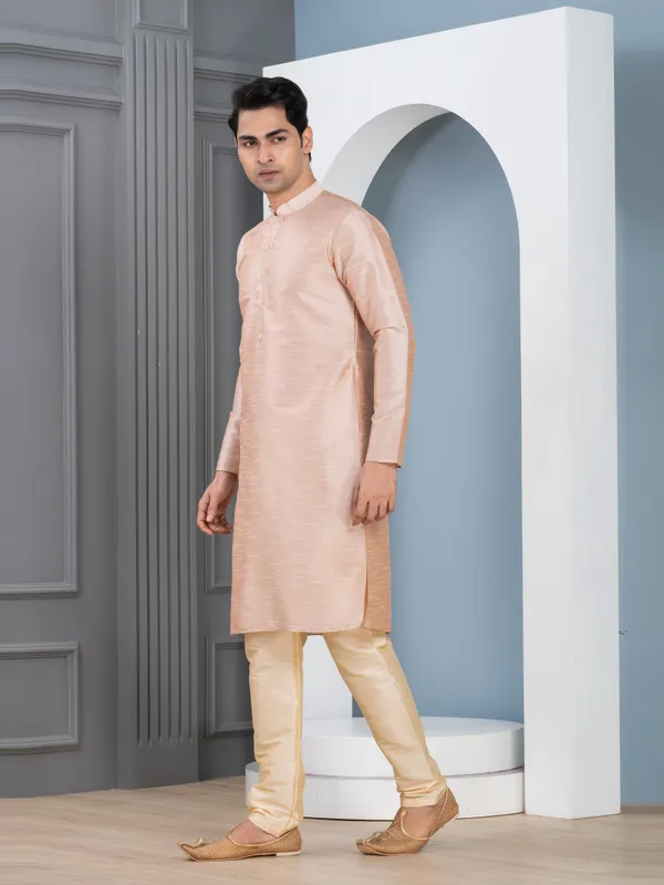 Beige_Woven_Design_Mandarin_Collar_Long_Sleeves_Dupion_Silk_Straight_Kurta_With_Pyjama_Set_For_Men