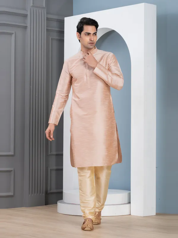 Beige_Woven_Design_Mandarin_Collar_Long_Sleeves_Dupion_Silk_Straight_Kurta_With_Pyjama_Set_For_Men