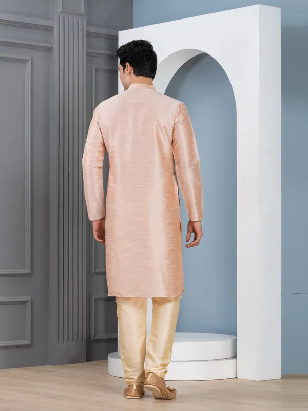 Beige_Woven_Design_Mandarin_Collar_Long_Sleeves_Dupion_Silk_Straight_Kurta_With_Pyjama_Set_For_Men
