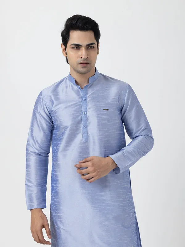 Blue_Dupion_Silk_Straight_Kurta_With_Pyjama_Set_For_Men