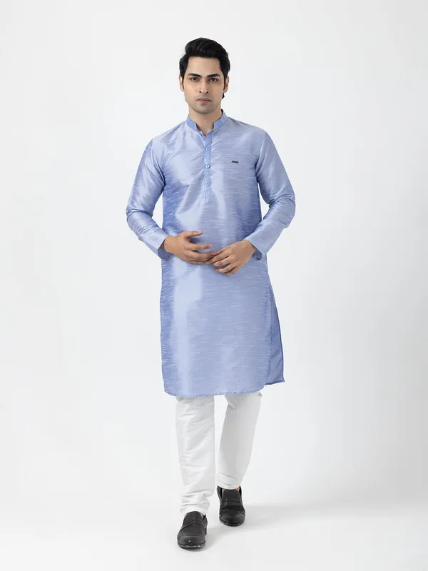 Blue_Dupion_Silk_Straight_Kurta_With_Pyjama_Set_For_Men