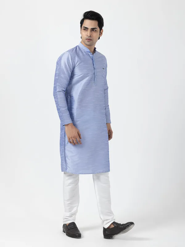 Blue_Dupion_Silk_Straight_Kurta_With_Pyjama_Set_For_Men
