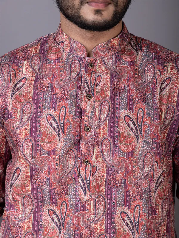 Purple_Ethnic_Printed_Band_Collar_Cotton_Kurta_Pyjama_Set_For_Men