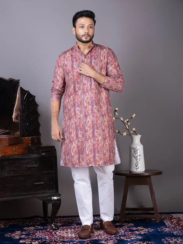 Purple_Ethnic_Printed_Band_Collar_Cotton_Kurta_Pyjama_Set_For_Men