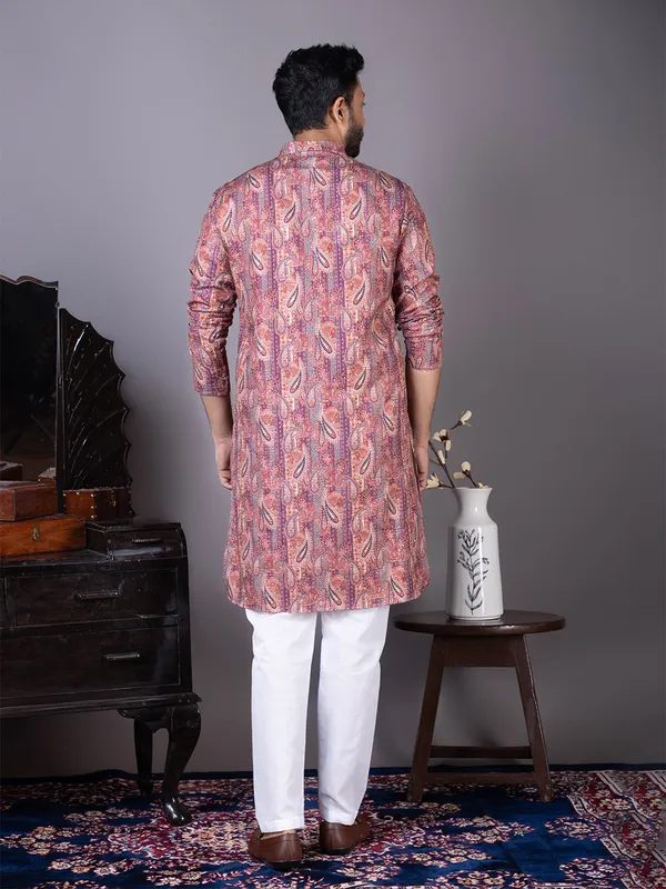 Purple_Ethnic_Printed_Band_Collar_Cotton_Kurta_Pyjama_Set_For_Men