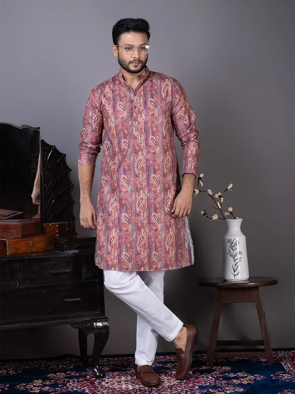 Purple_Ethnic_Printed_Band_Collar_Cotton_Kurta_Pyjama_Set_For_Men