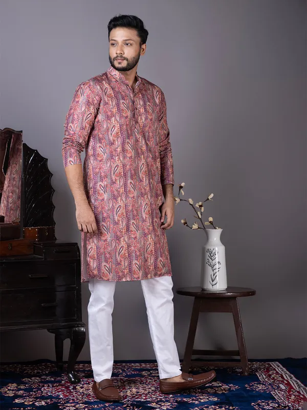 Purple_Ethnic_Printed_Band_Collar_Cotton_Kurta_Pyjama_Set_For_Men