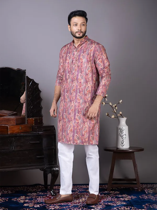 Purple_Ethnic_Printed_Band_Collar_Cotton_Kurta_Pyjama_Set_For_Men
