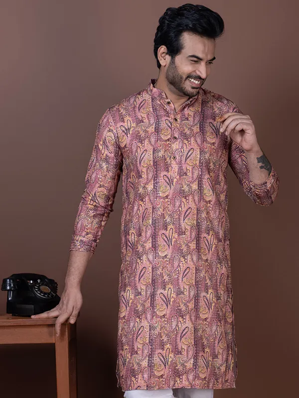 Pink_Paisley_Printed_Mandarin_Collar_Straight_Dupion-Silk_Kurta_Pyjama_Set_For_Men