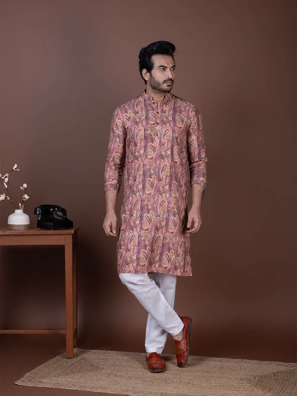 Pink_Paisley_Printed_Mandarin_Collar_Straight_Dupion-Silk_Kurta_Pyjama_Set_For_Men