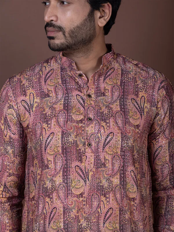 Pink_Paisley_Printed_Mandarin_Collar_Straight_Dupion-Silk_Kurta_Pyjama_Set_For_Men