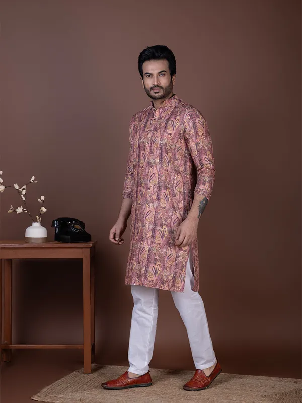 Pink_Paisley_Printed_Mandarin_Collar_Straight_Dupion-Silk_Kurta_Pyjama_Set_For_Men