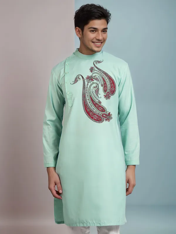 Green_Side_Placket_Printed_Kurta_With_Pyjama_Set_For_Men