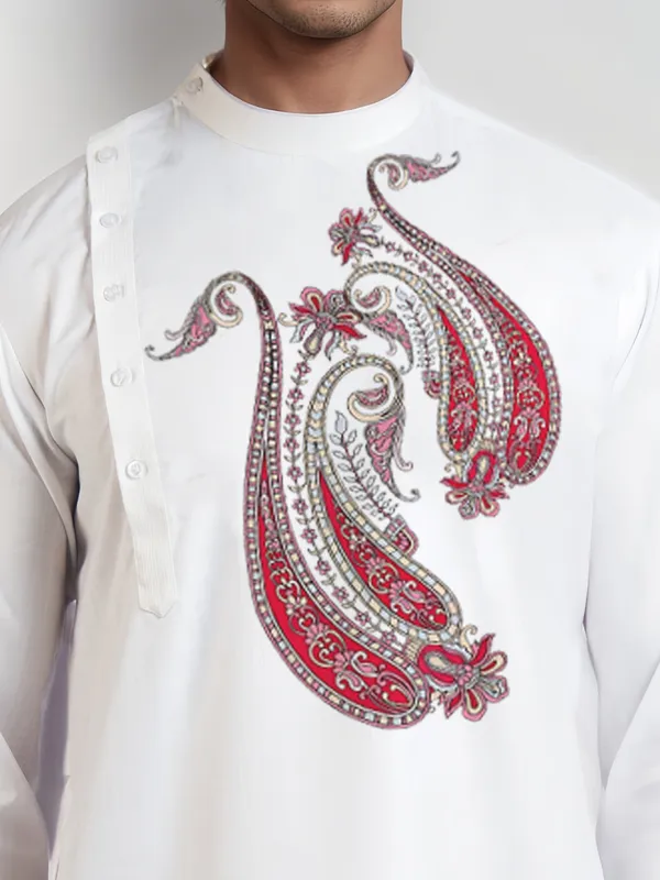 White_Side_Placket_Printed_Kurta_With_Pyjama_Set_For_Men