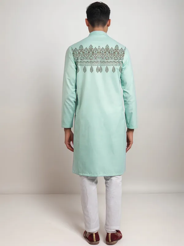 Green_Side_Placket_Printed_Kurta_With_Pyjama_Set_For_Men